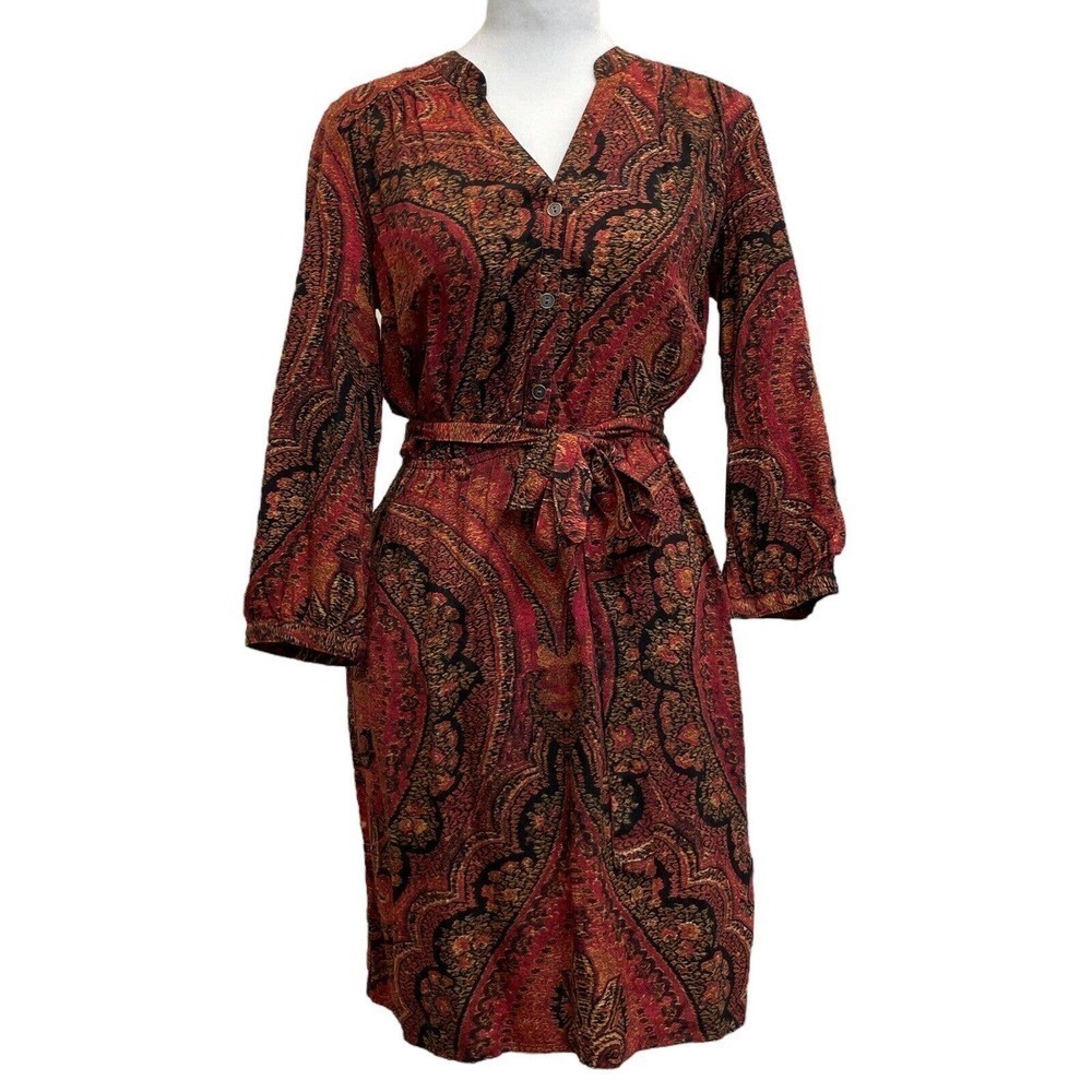 Lucky Brand Red Boho Tapestry Print Button Front Belted Knee Length Dress